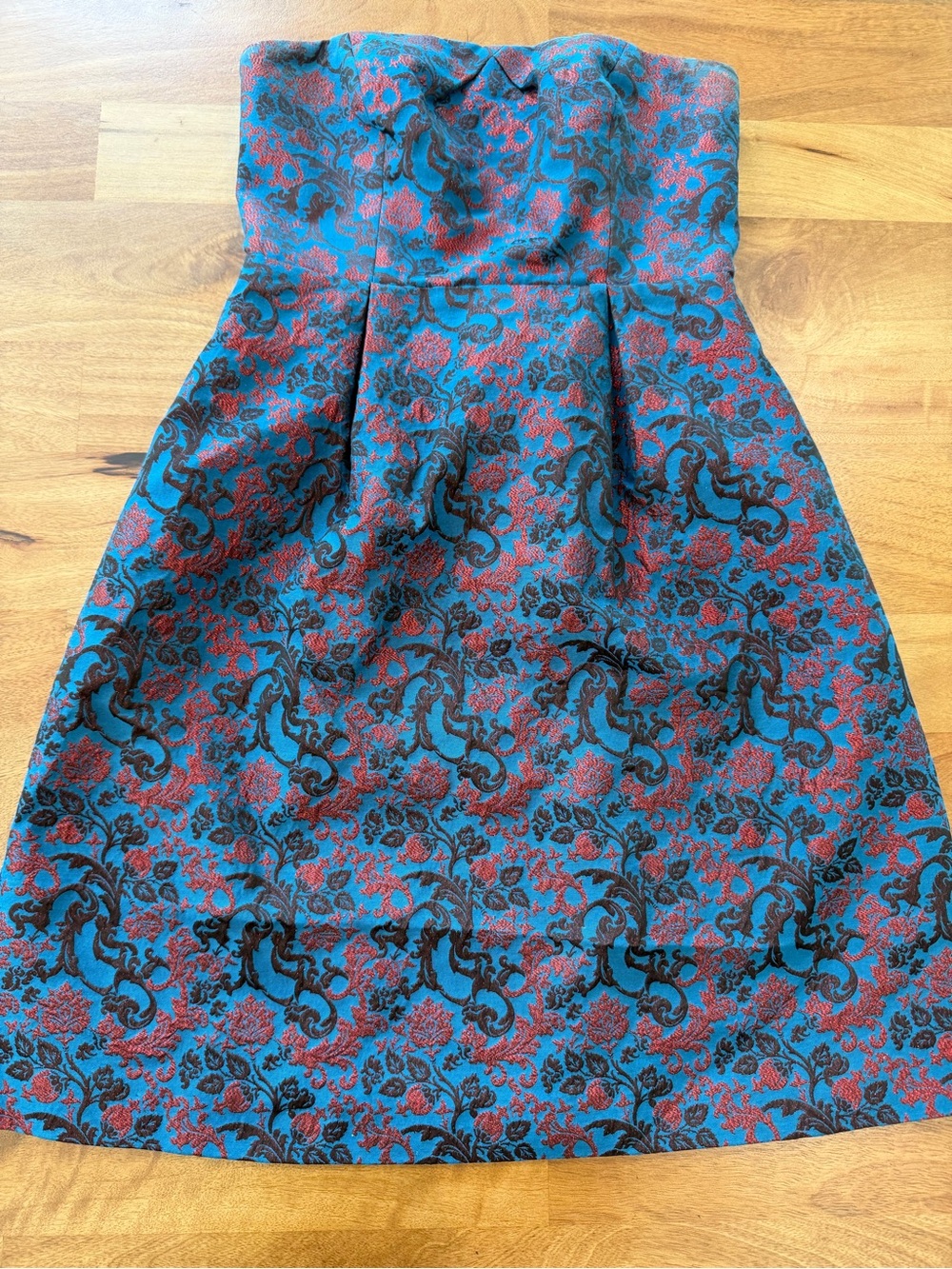Anthropologie Leifnotes Strapless Brocade Mini Dress in Blue and Burgundy Size 2